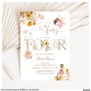 Fairy Butterfly Magical Wildflower 4th Birthday Invitation