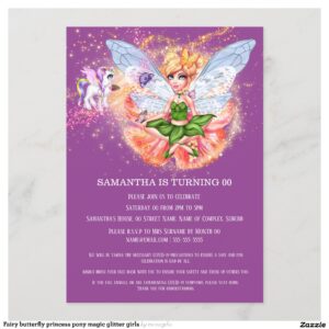 Fairy butterfly princess pony magic glitter girls invitation