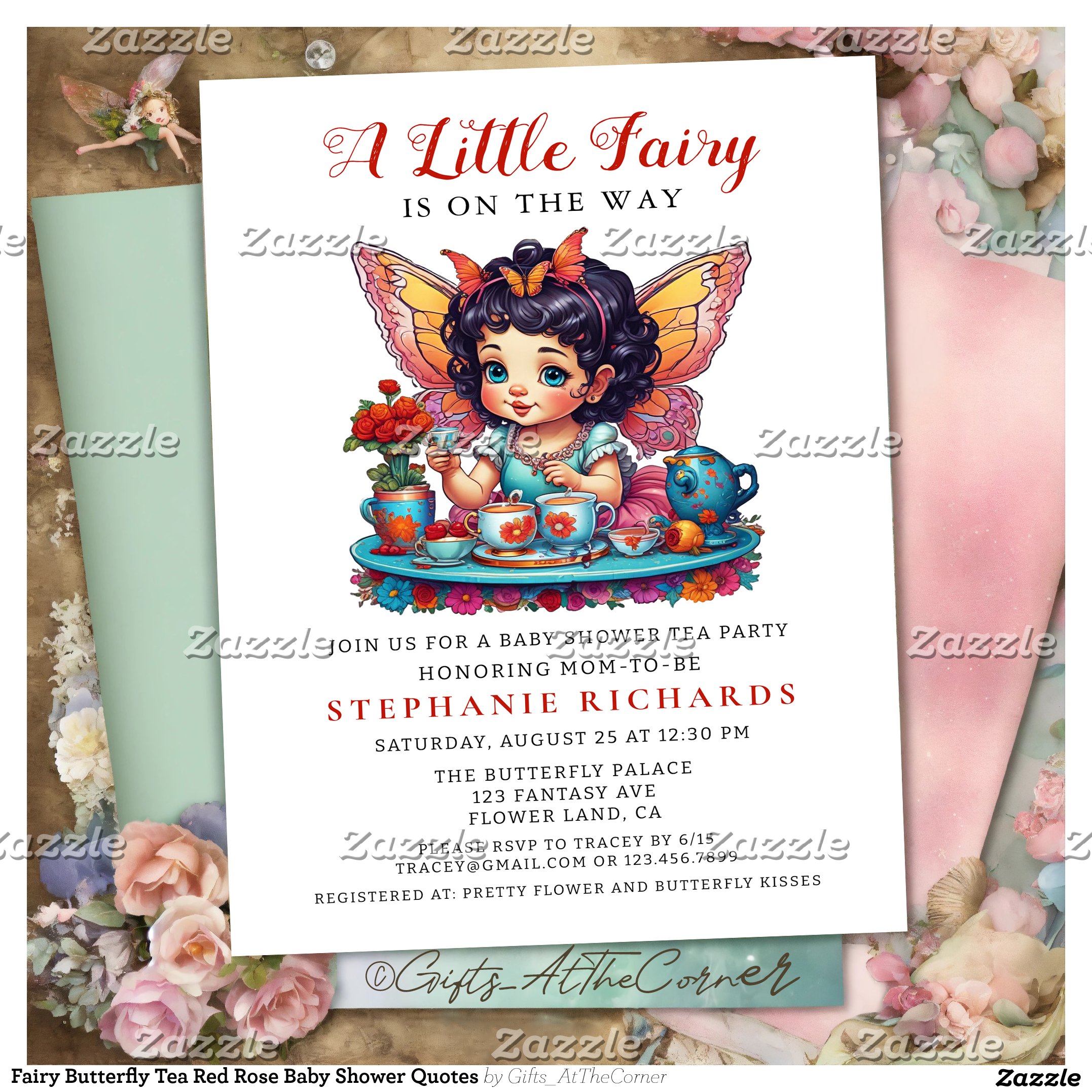 Fairy Butterfly Tea Red Rose Baby Shower Quotes Invitation