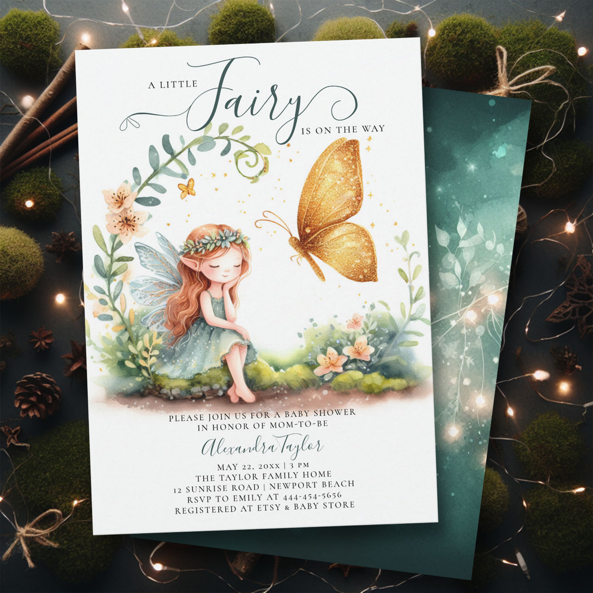 Fairy Enchanted Emerald Gold Cute Baby Girl Shower Invitation