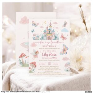 Fairy First Birthday Pink Whimsical Castle Kids Invitation