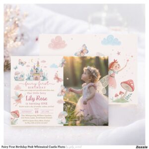 Fairy First Birthday Pink Whimsical Castle Photo Invitation
