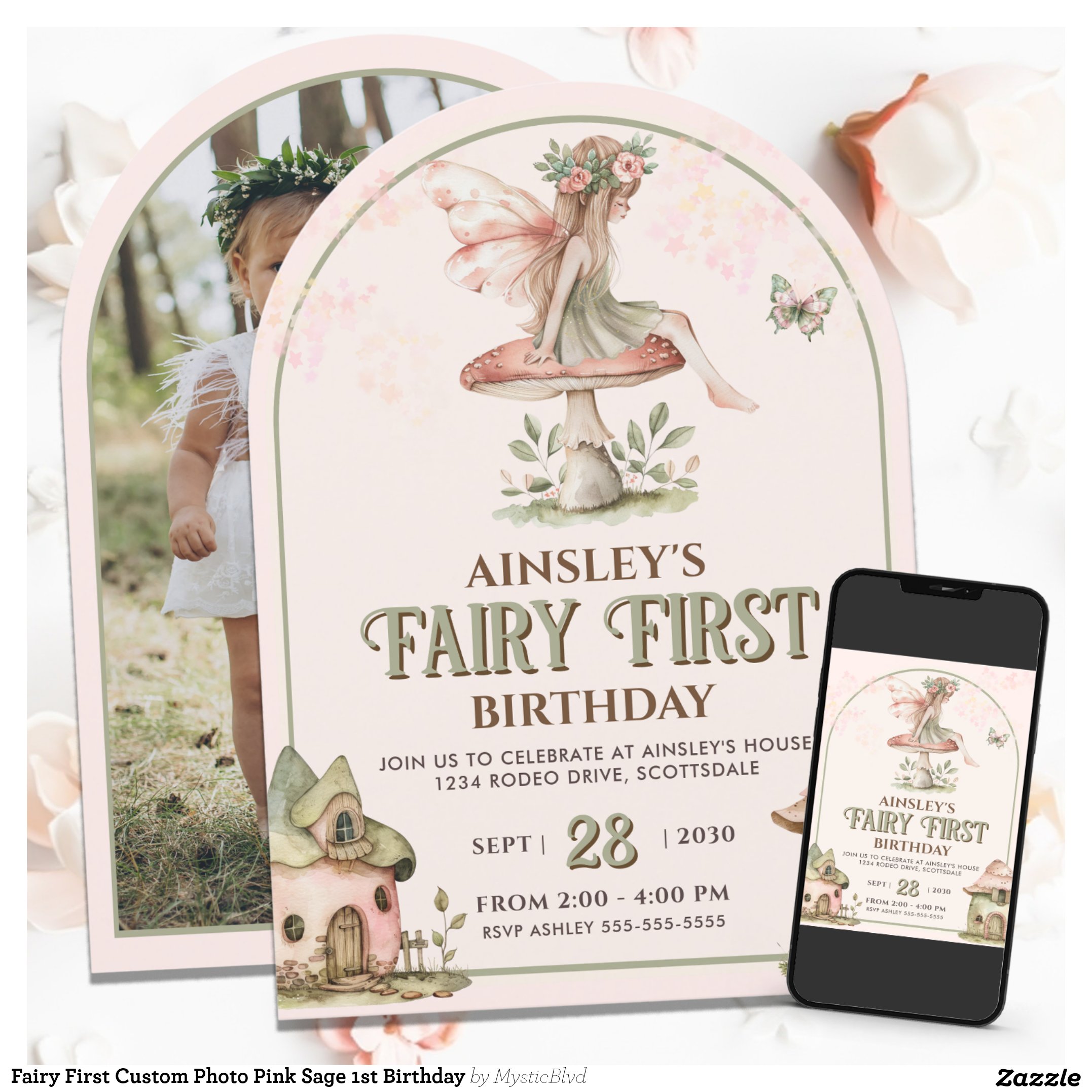 Fairy First Custom Photo Pink Sage 1st Birthday Invitation