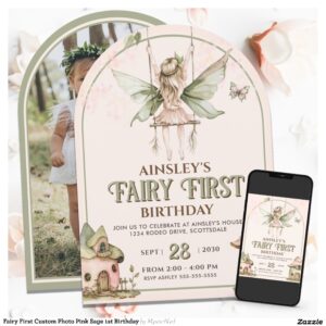 Fairy First Custom Photo Pink Sage 1st Birthday Invitation