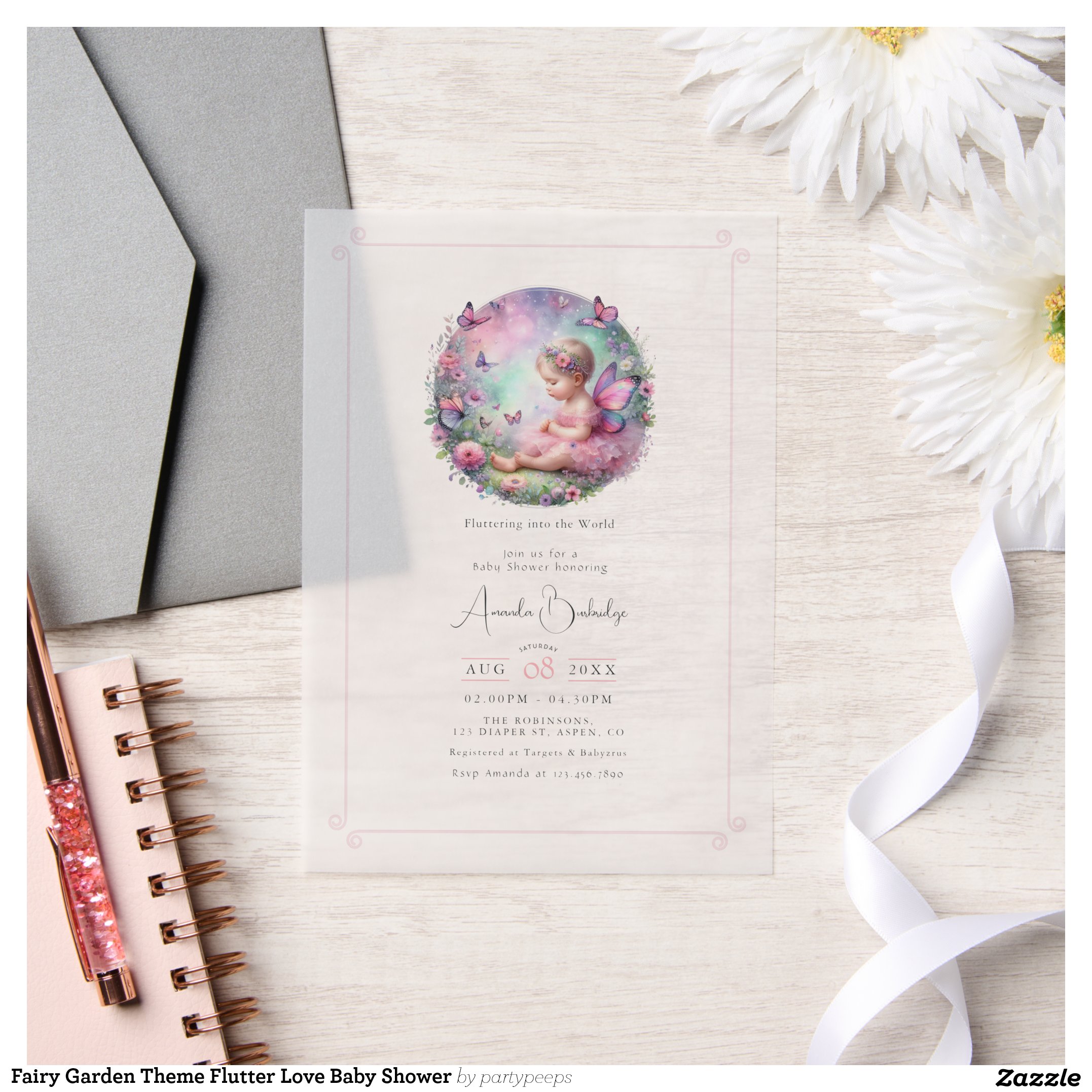 Fairy Garden Theme Flutter Love Baby Shower Vellum Invitations