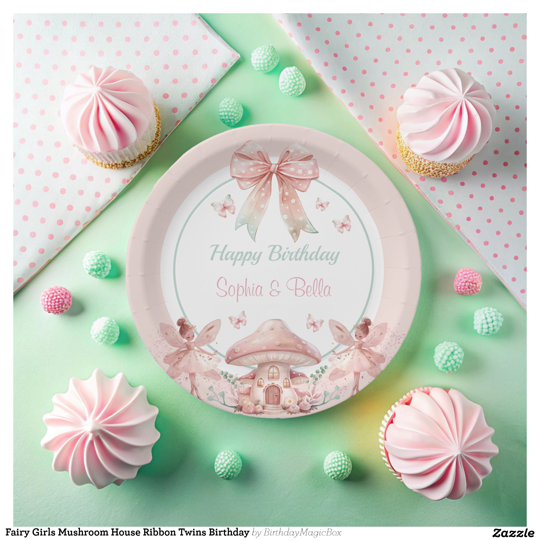 Fairy Girls Mushroom House Ribbon Twins Birthday Paper Plates