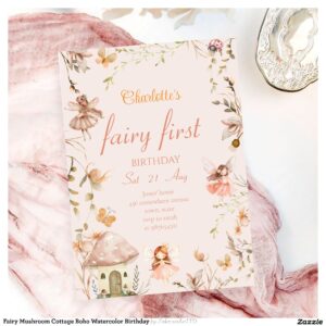 Fairy Mushroom Cottage Boho Watercolor Birthday Invitation
