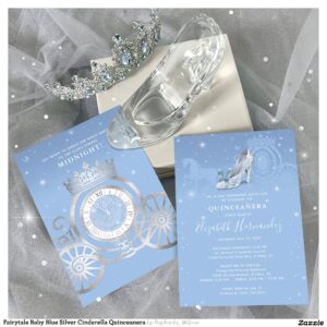 Fairytale Baby Blue Silver Cinderella Quinceanera Invitation