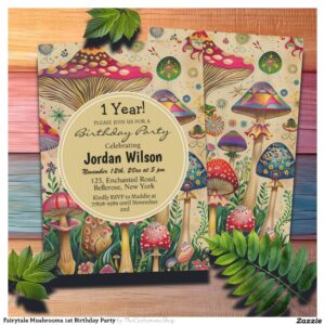 Fairytale Mushrooms 1st Birthday Party Invitation