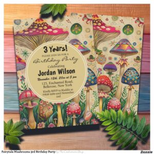 Fairytale Mushrooms 3rd Birthday Party Invitation