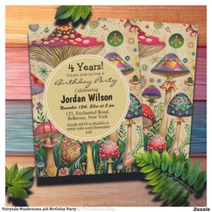 Fairytale Mushrooms 4th Birthday Party Invitation