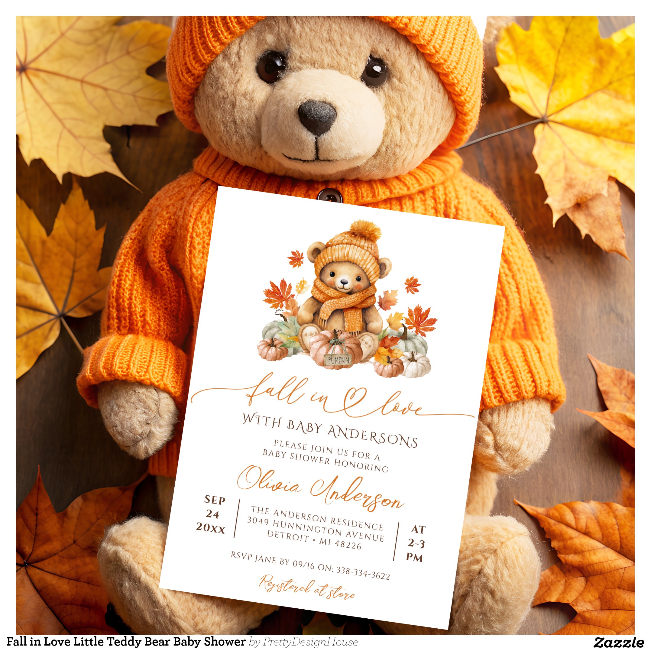 Fall in Love Little Teddy Bear Baby Shower Invitation
