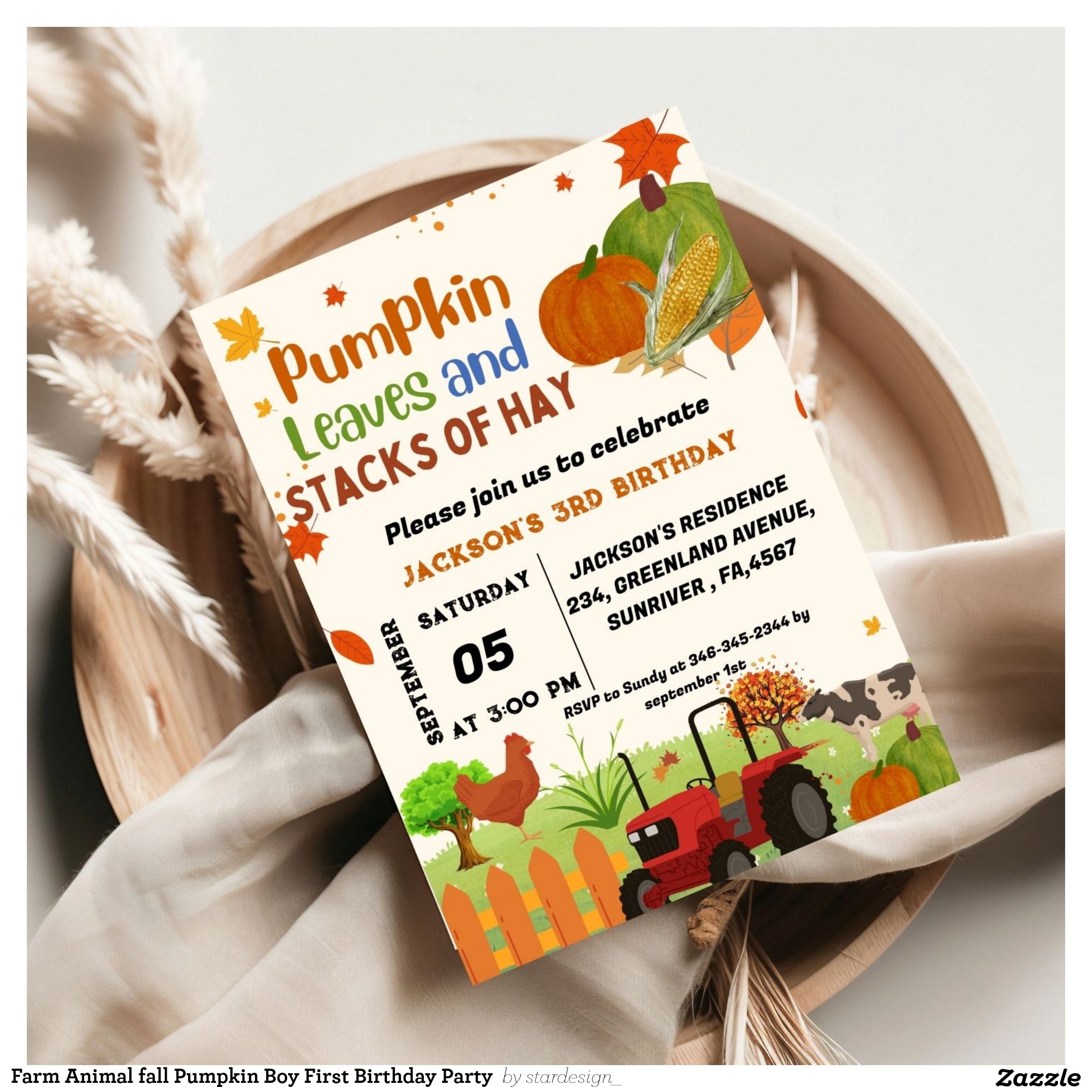 Farm Animal fall Pumpkin Boy First Birthday Party Invitation