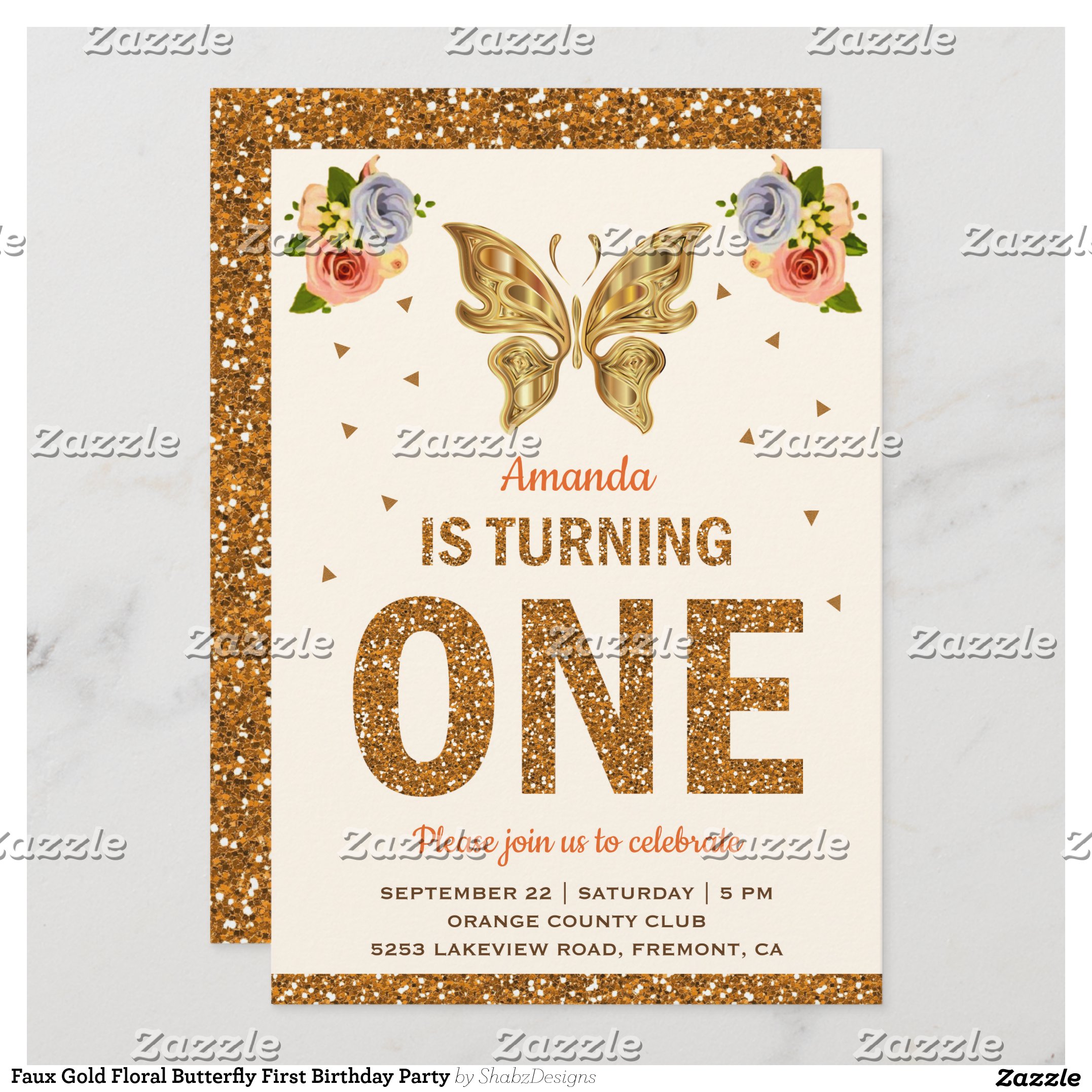 Faux Gold Floral Butterfly First Birthday Party Invitation