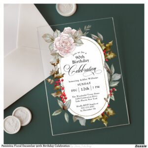 Feminine Floral December 90th Birthday Celebration Acrylic Invitations