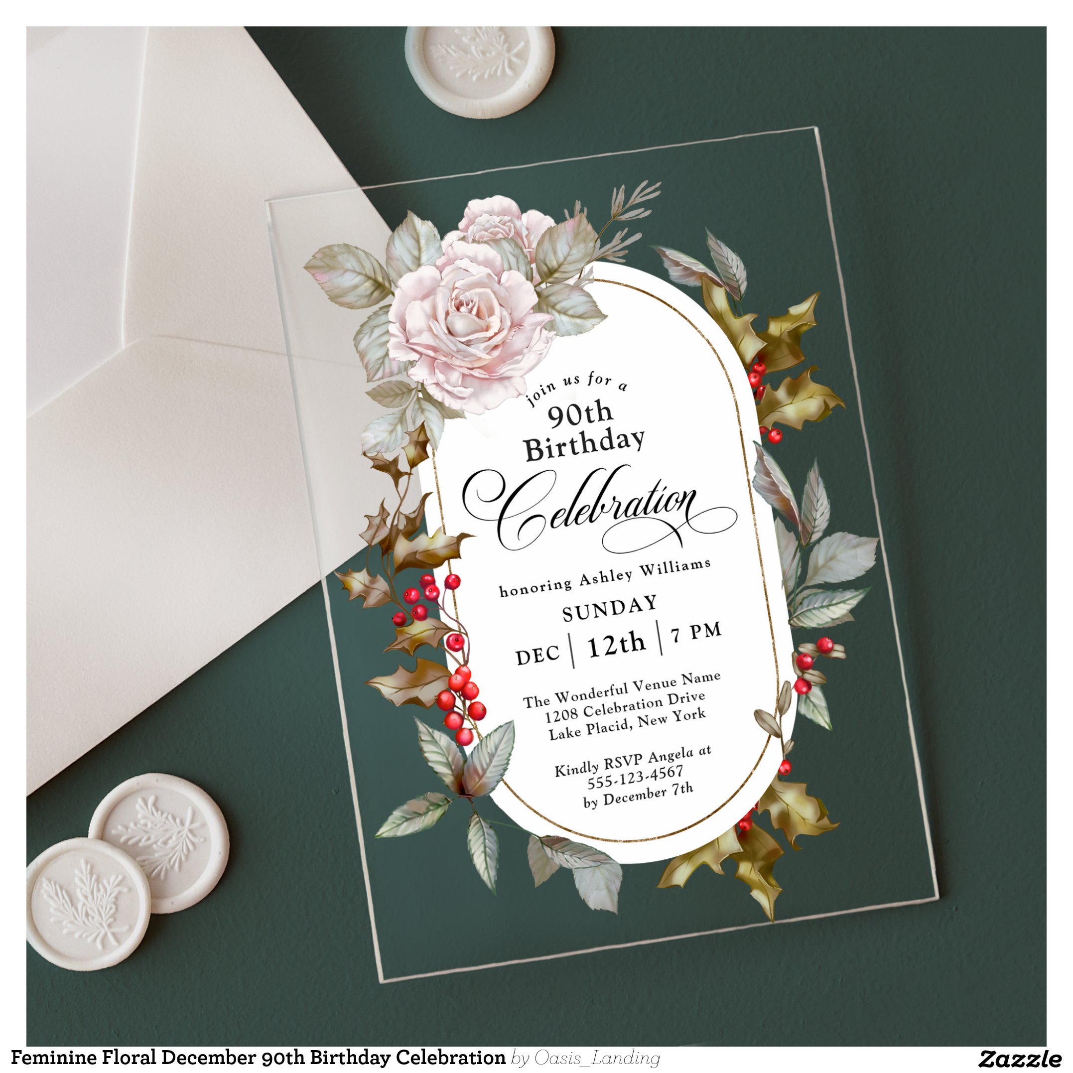 Feminine Floral December 90th Birthday Celebration Acrylic Invitations