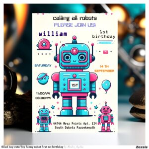 filled boy cute Toy funny robot first 1st birthday Invitation