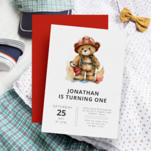 Firefighter Teddy Bear Modern Simple Kids Birthday Invitation