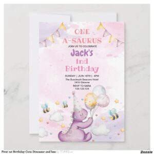 First 1st Birthday Cute Dinosaur and bee Invitation