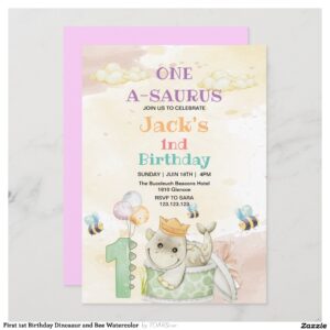 First 1st Birthday Dinosaur and Bee Watercolor Invitation