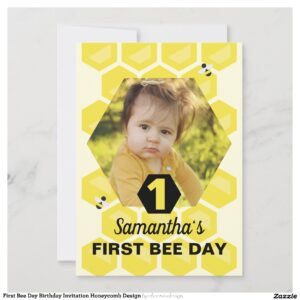 First Bee Day Birthday Invitation Honeycomb Design
