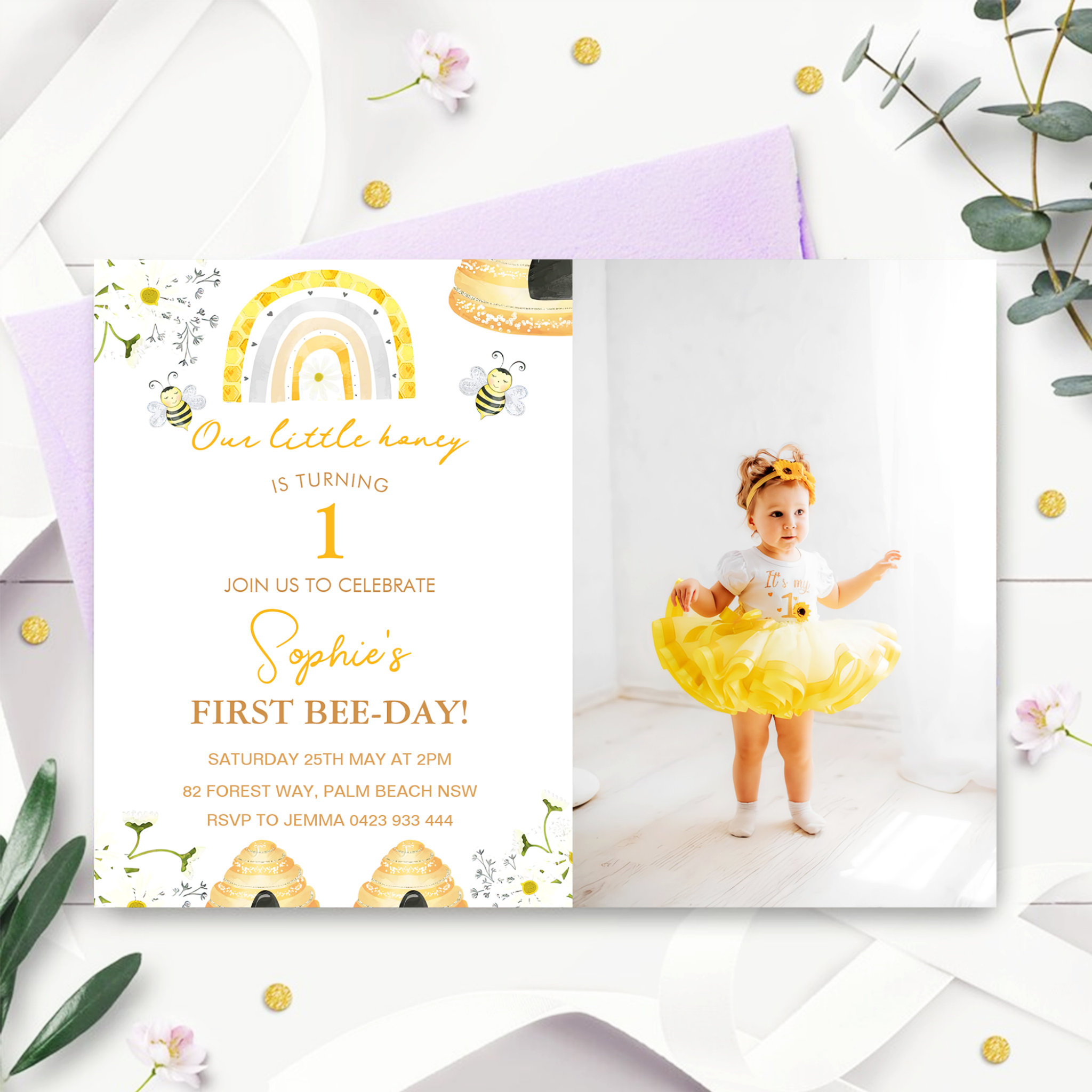 First Bee Day Bumble Bee Girls Photo Birthday Invitation