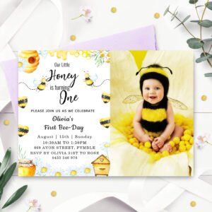 First Bee Day Our Little Honey is ONE Bee Photo Invitation