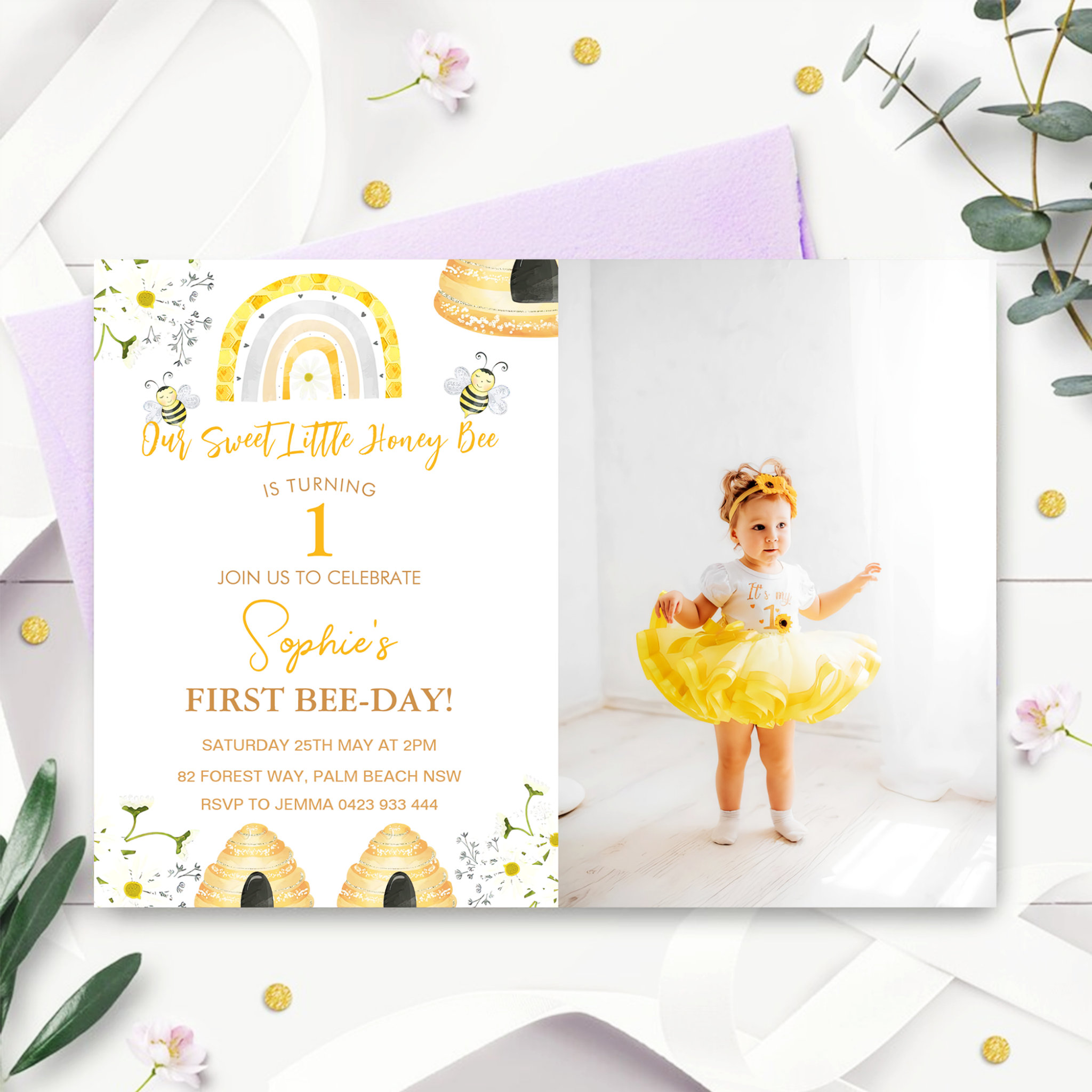 First Bee Day Our Sweet Little Honey Bee Birthday Invitation