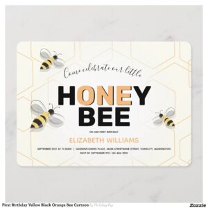 First Birthday Yellow Black Orange Bee Cartoon Invitation