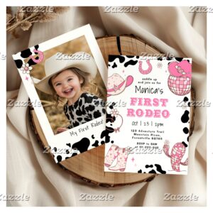 First rodeo 1st birthday pink girl photo birthday invitation