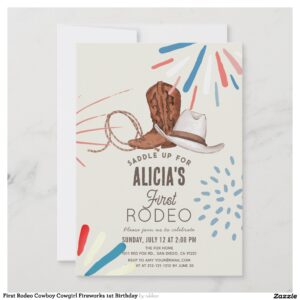 First Rodeo Cowboy Cowgirl Fireworks 1st Birthday Invitation