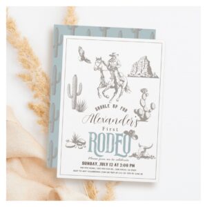 First Rodeo Cowboy Western Blue 1st Birthday Invitation