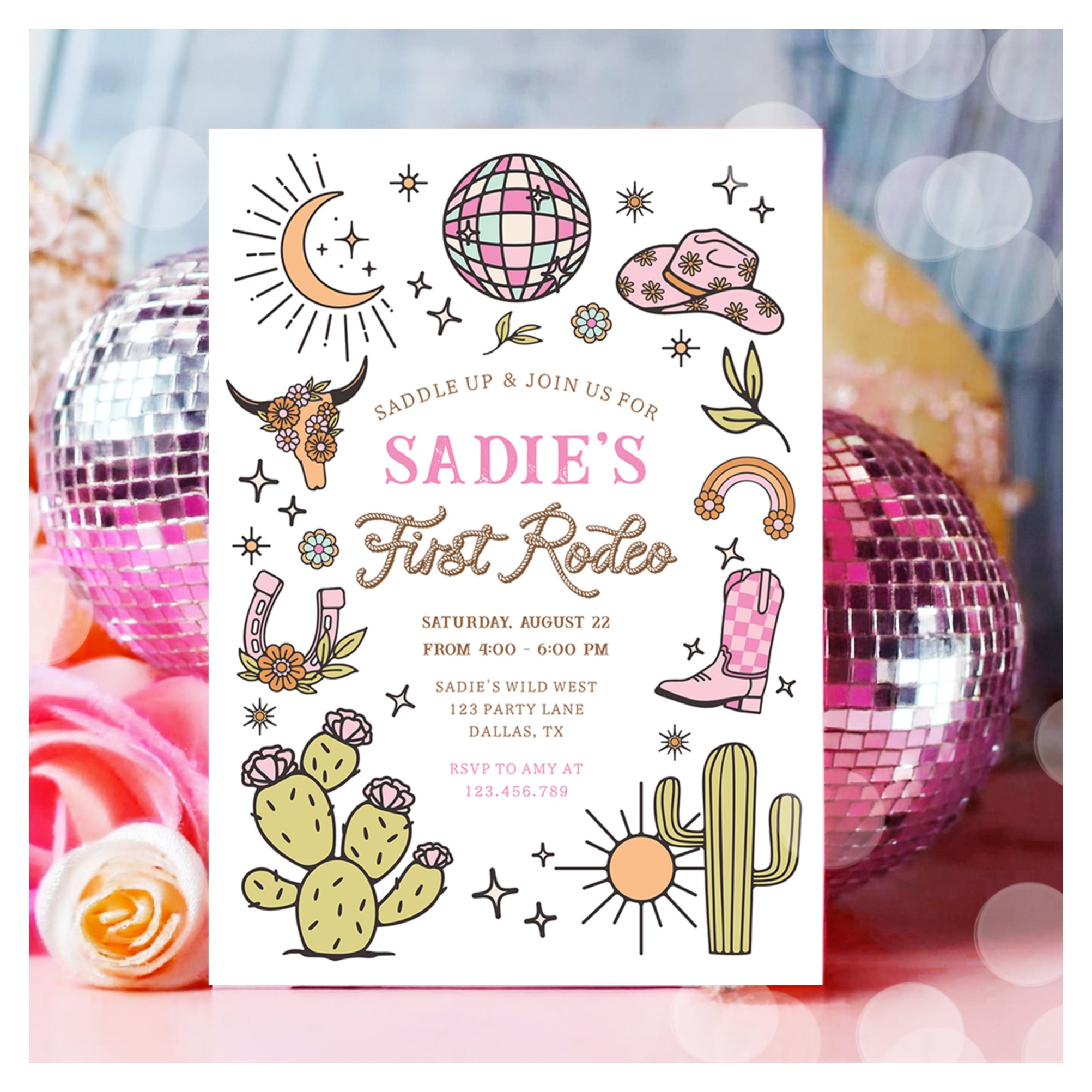 First Rodeo Cowboy Wild West Western Girl Birthday Invitation