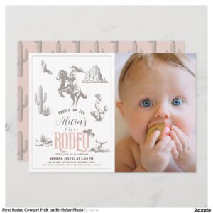 First Rodeo Cowgirl Pink 1st Birthday Photo Invitation