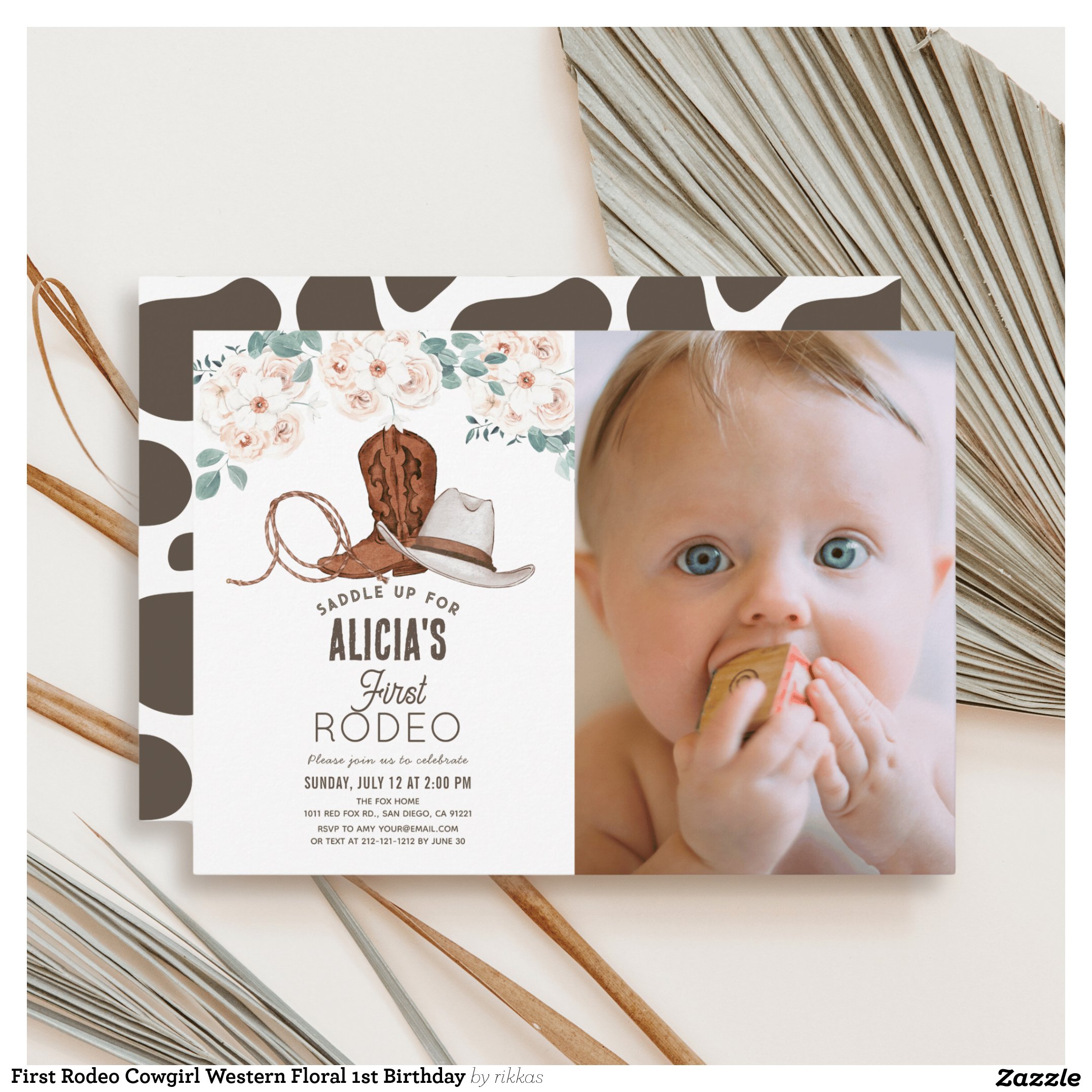 First Rodeo Cowgirl Western Floral 1st Birthday Invitation