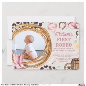 First Rodeo Girl Pink Western Birthday Party Photo Invitation