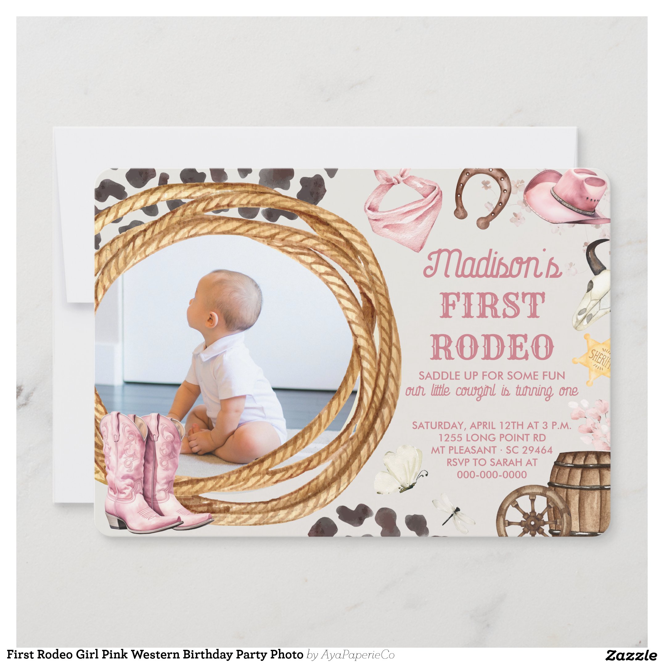 First Rodeo Girl Pink Western Birthday Party Photo Invitation