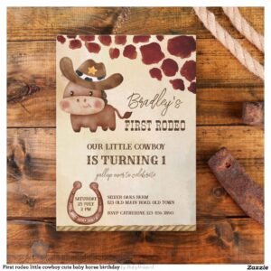 First rodeo little cowboy cute baby horse birthday invitation