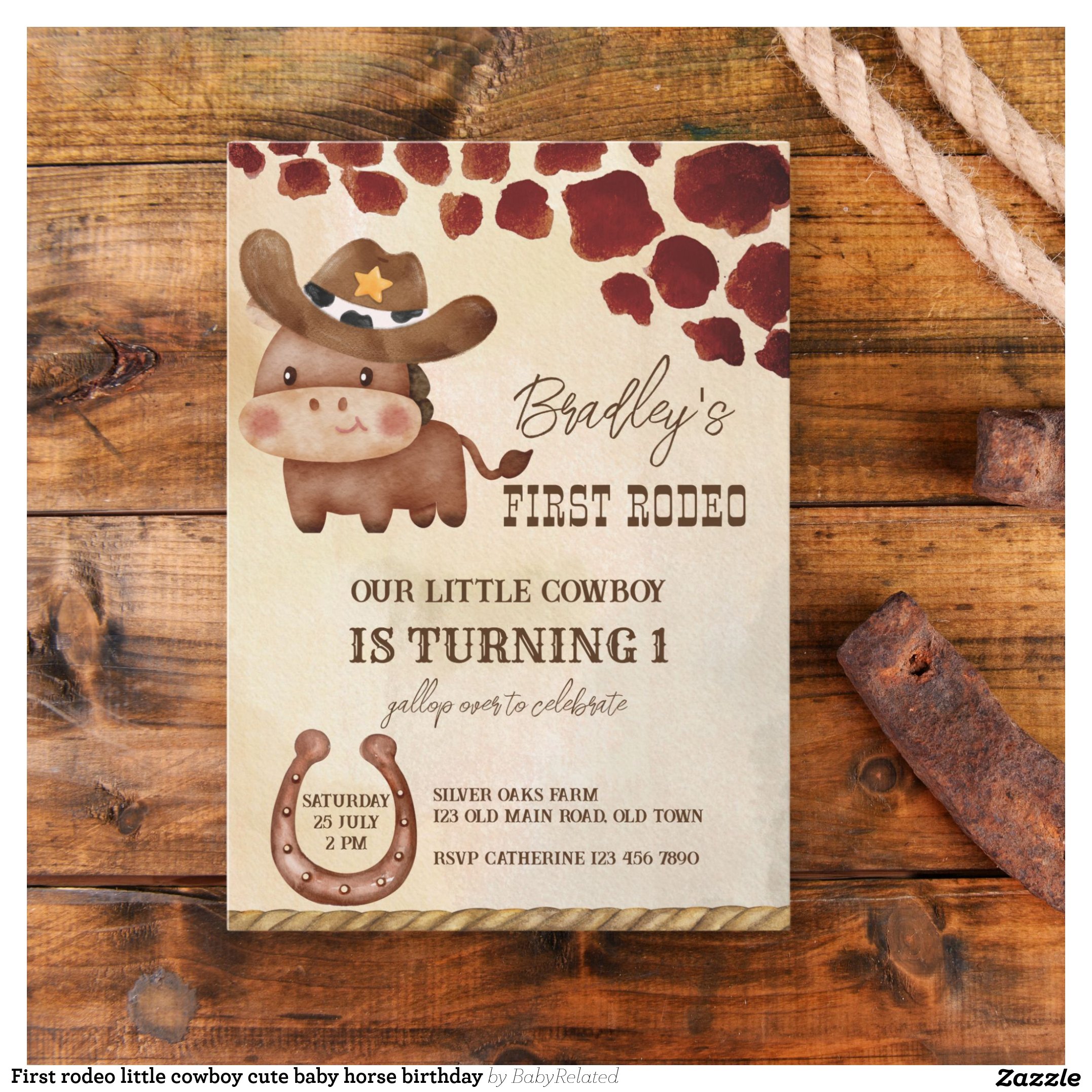 First rodeo little cowboy cute baby horse birthday invitation