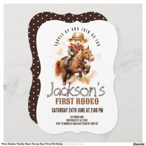 First Rodeo Teddy Bear Horse Boy First Birthday Invitation
