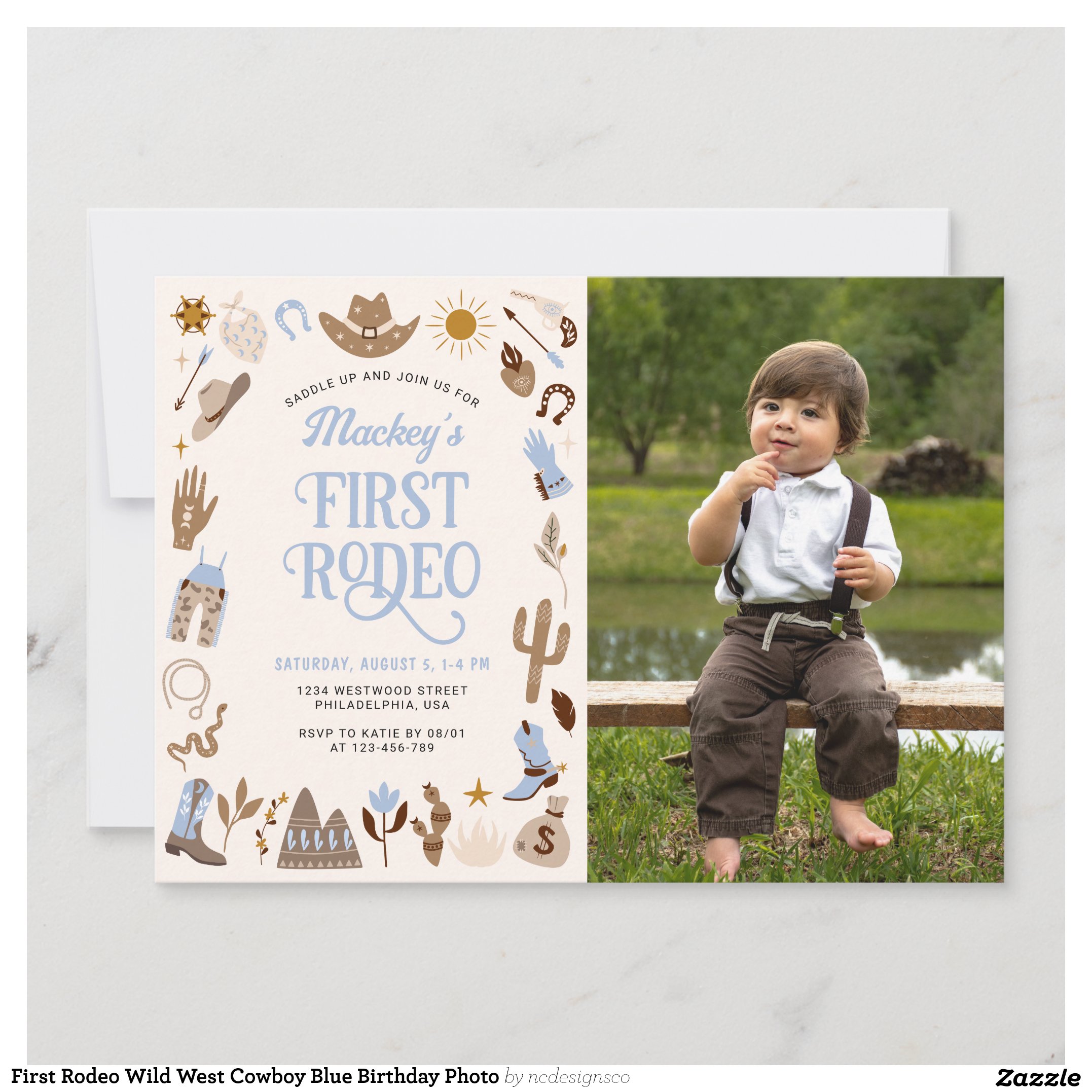 First Rodeo Wild West Cowboy Blue Birthday Photo Invitation