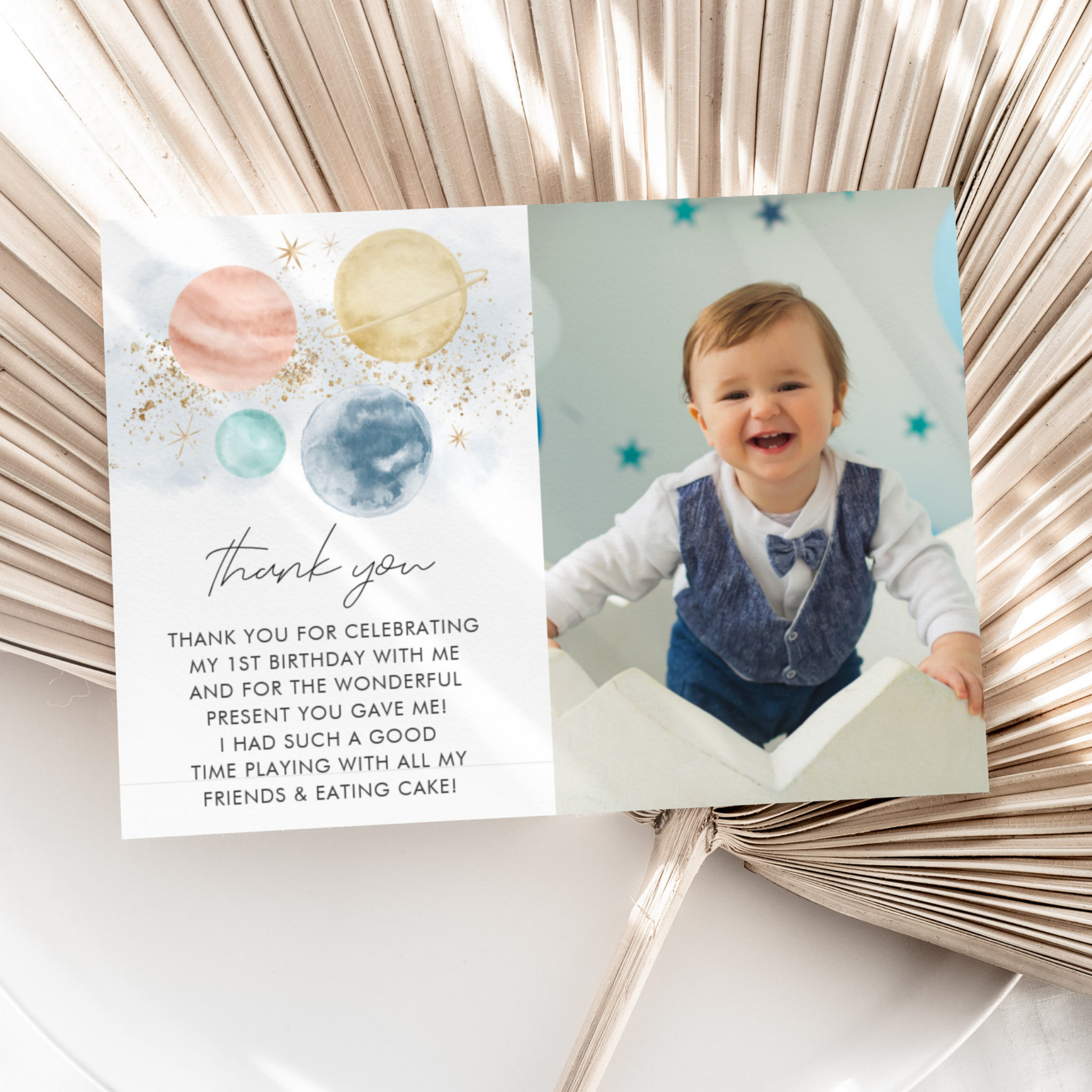 First Trip Around Sun Boys 1st Birthday Photo Thank You Card
