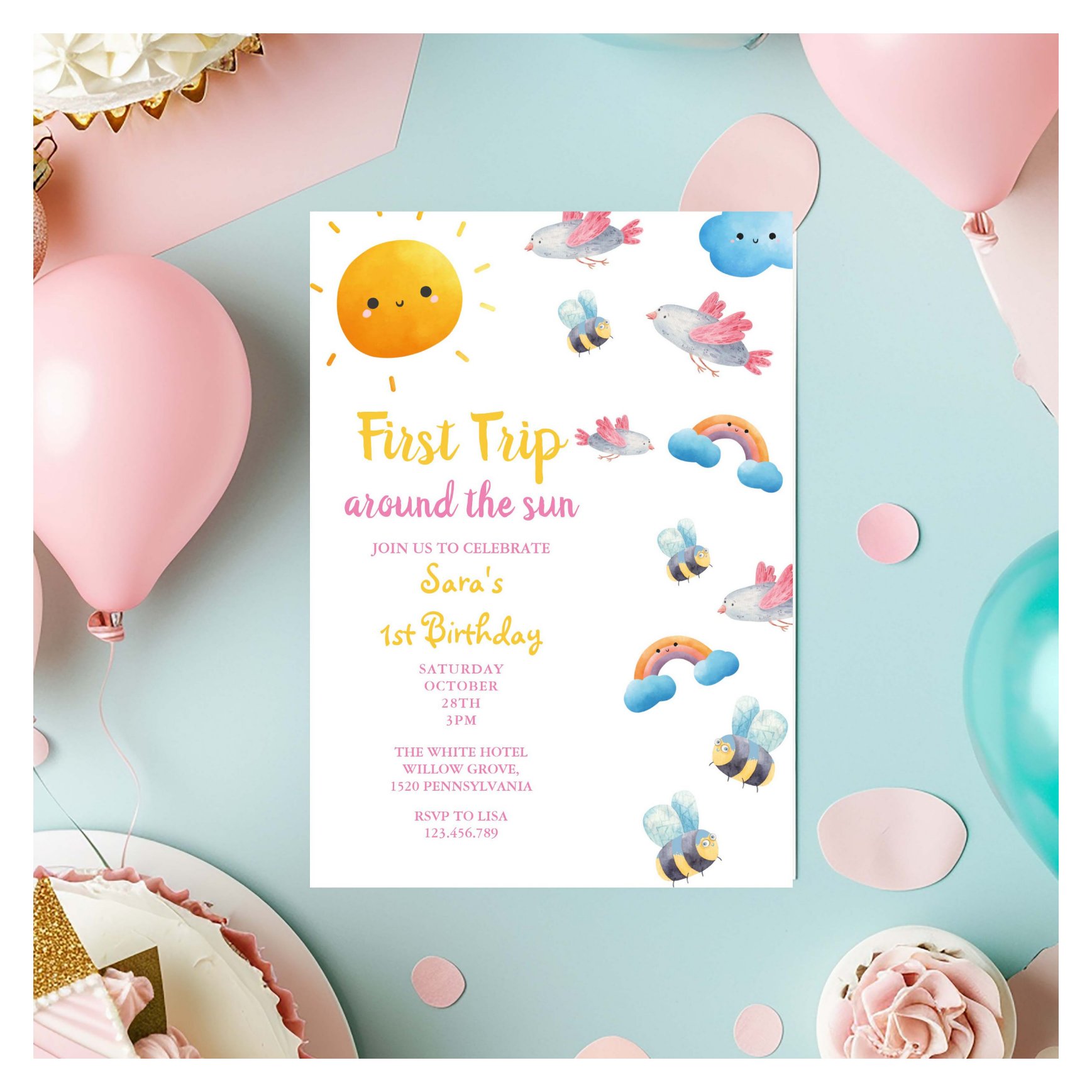 First Trip Around The Sun & Bird, bee 1st Birthday Invitation