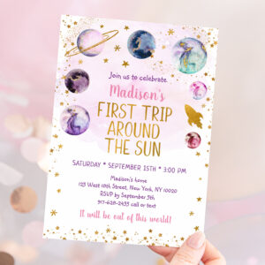 First Trip Around The Sun Pink Space Birthday Invitation
