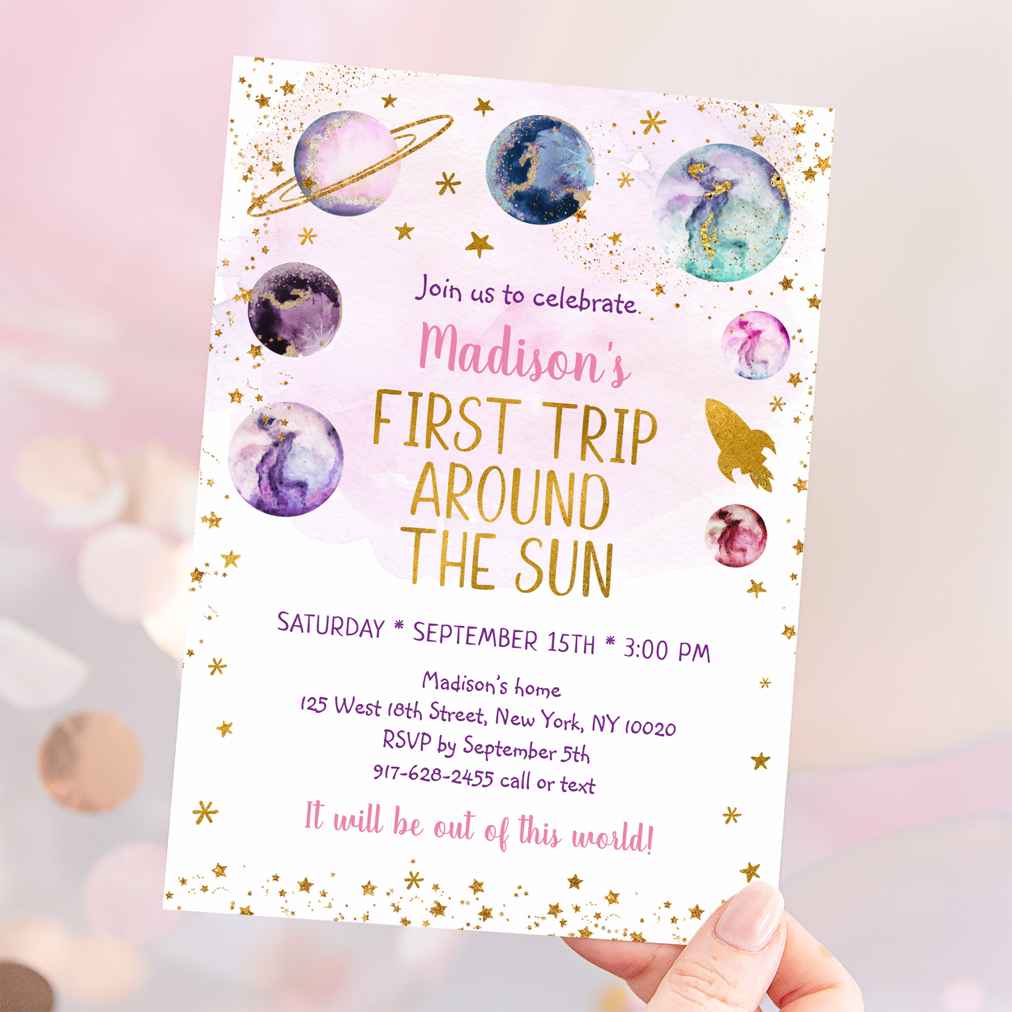 First Trip Around The Sun Pink Space Birthday Invitation