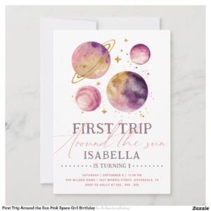 First Trip Around the Sun Pink Space Girl Birthday Invitation