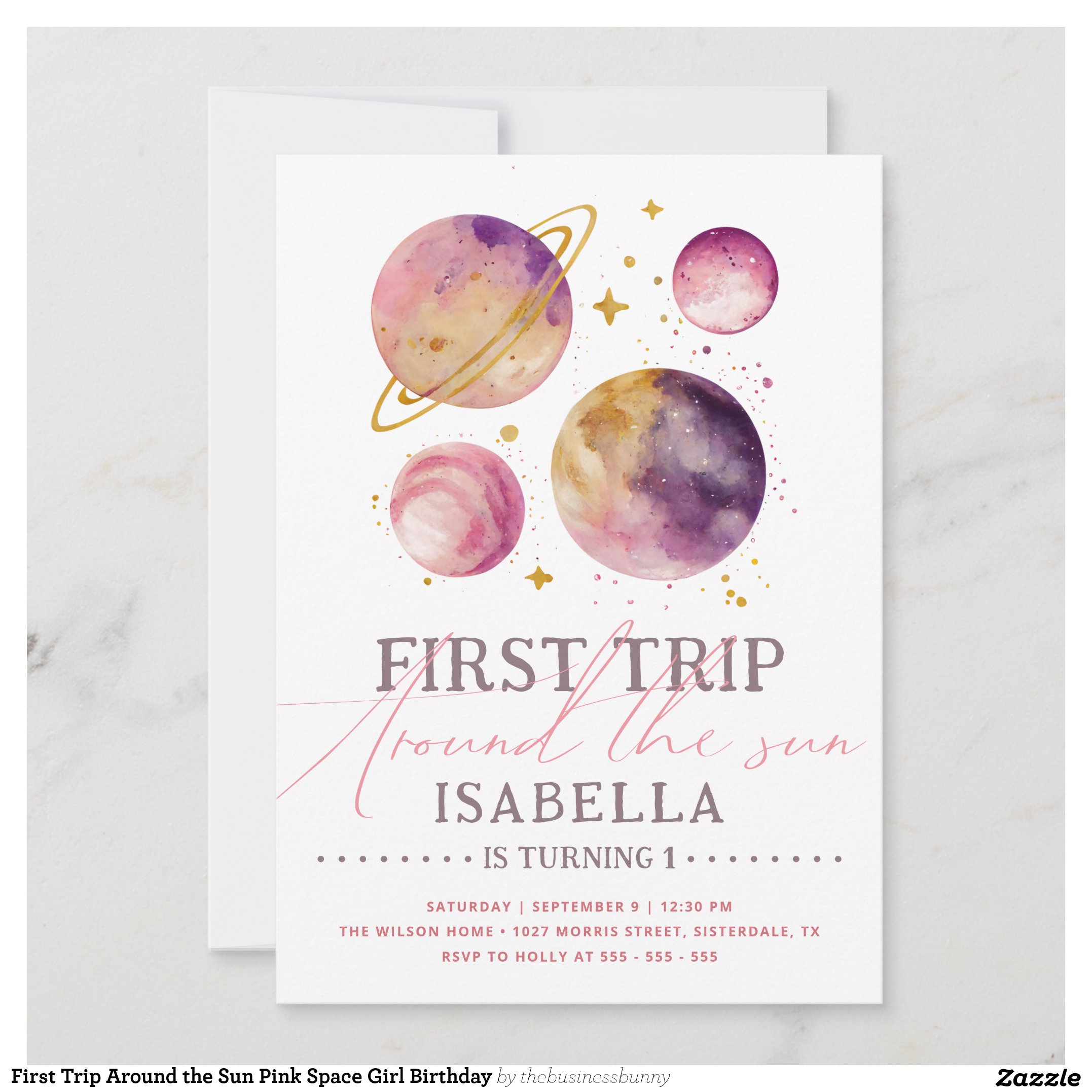 First Trip Around the Sun Pink Space Girl Birthday Invitation
