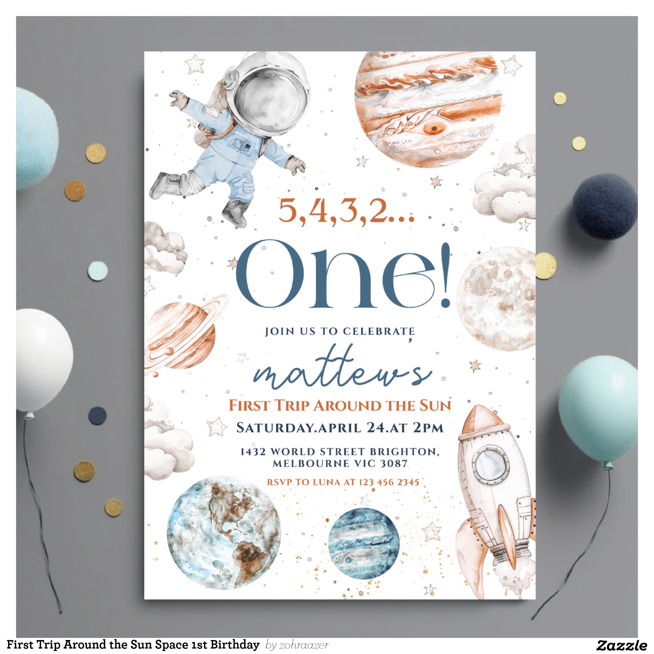 First Trip Around the Sun Space 1st Birthday Invitation