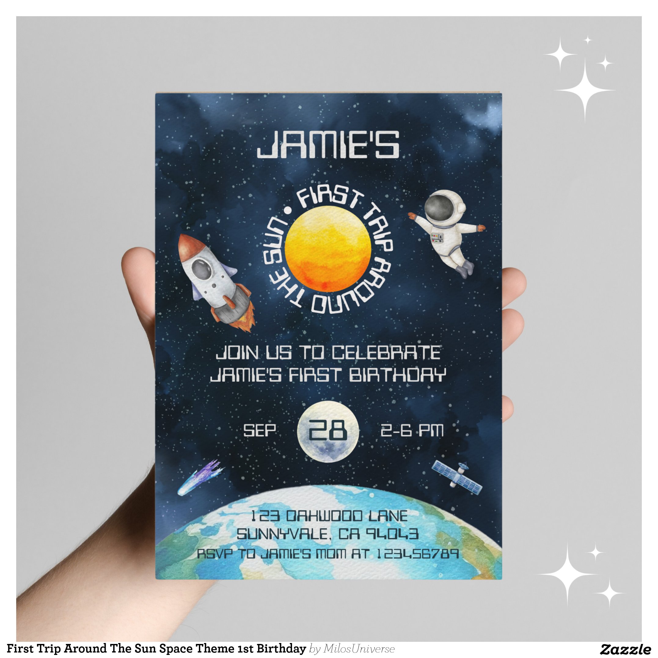 First Trip Around The Sun Space Theme 1st Birthday Invitation