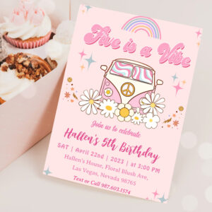 Five a Vibe Groovy Retro Rainbow 5th Birthday Invitation